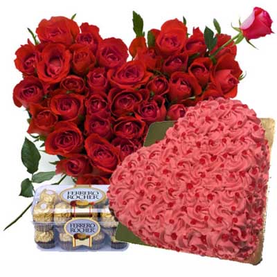 Heart Roses Cake 500gm 30 Heart Shape Red Roses Bunch & Ferrero Rocher 16 Pieces