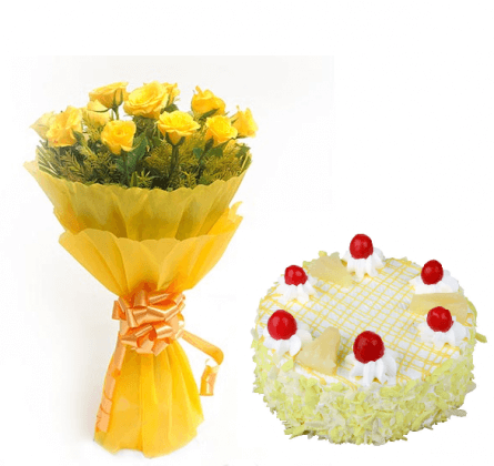 500gm White Forest With 12 Yellow Roses 