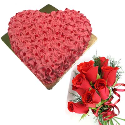 Roses Heart Cake 500gm And 6 Red Rose