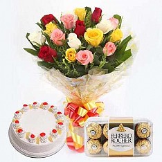 500gm Pineapple Cake, 20 Mix Roses And 16pcs Ferrero Rocher Box