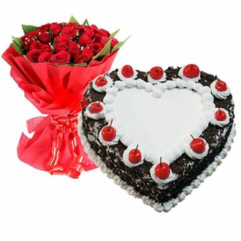 Heart Shape Black Forest 500gm And 20 Red Roses Bunch