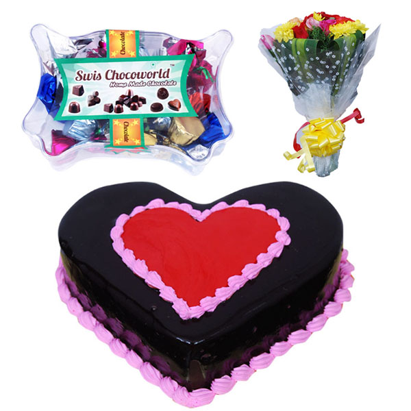 Red Heart Chocolate 500gm 15 Piece Chocolate Box & 20 Mix Carnation & Roses