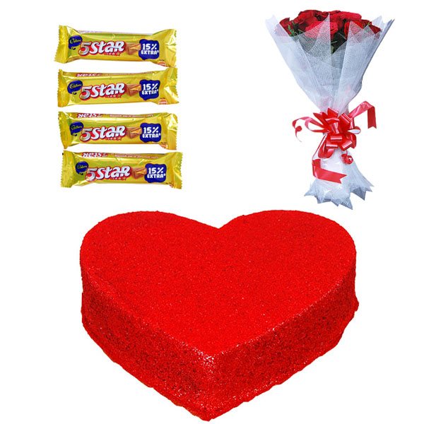 Red Heart Red Velvet Cake 500 gm & 15 Red Roses & Cadbury 5 Star 4